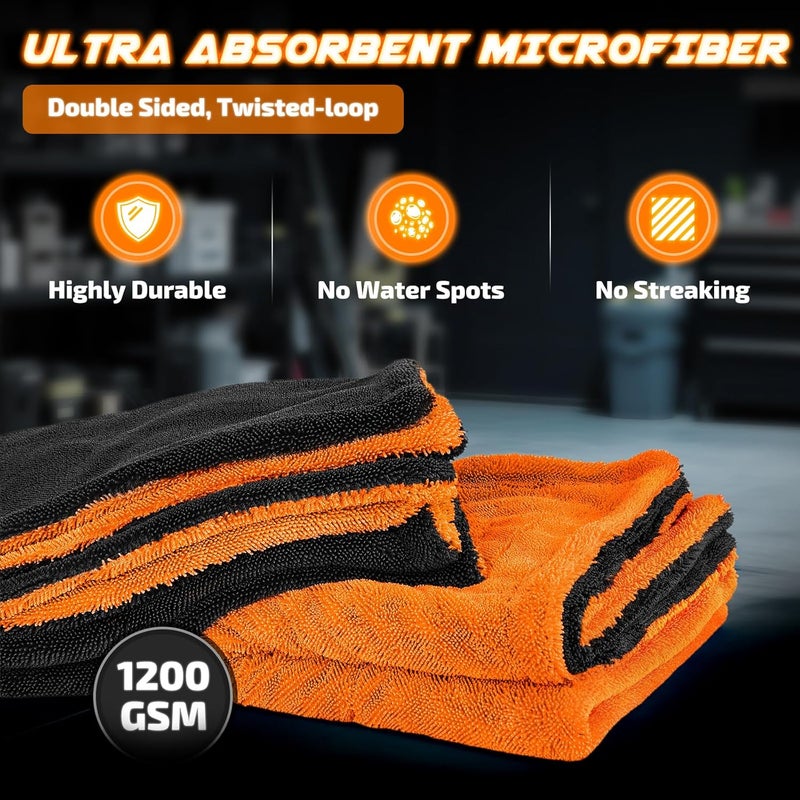 SMINDER 2-Pack 1200 GSM Car Drying Towels – Microfiber Towels for Cars (36" x 24"), Ultra-Absorbent, Streak-Free, Scratch-Free, No Water Spots, Double-Twist Pile & Edgeless Design(Orange) - Image 5